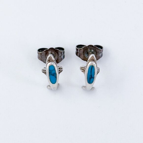 Vintage Sterling Silver 925 Turquoise Dolphin Stud Earrings - Picture 3 of 6